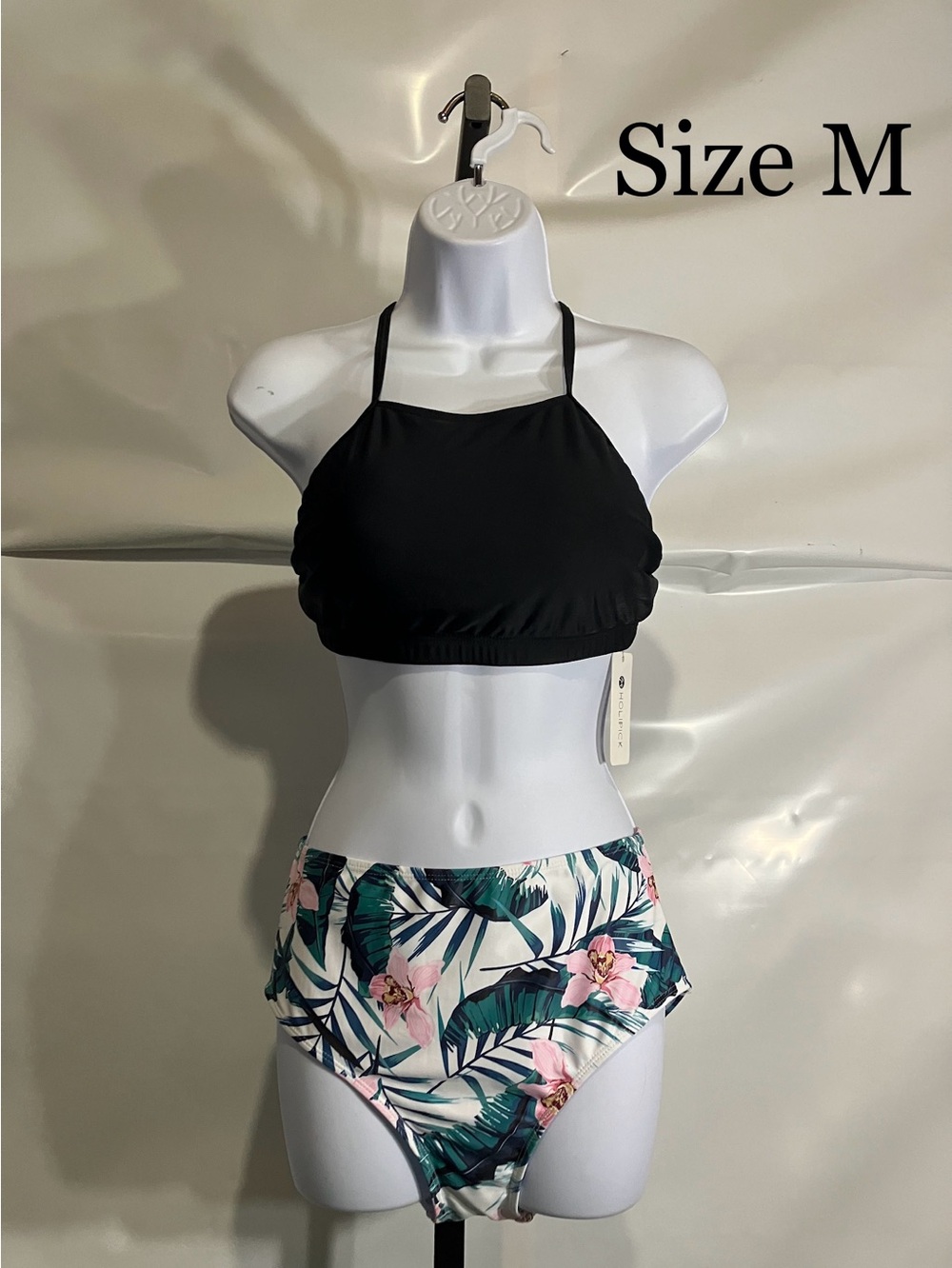 High-Waist Tropical Floral Bikini Set with Black Halter Top - Size M